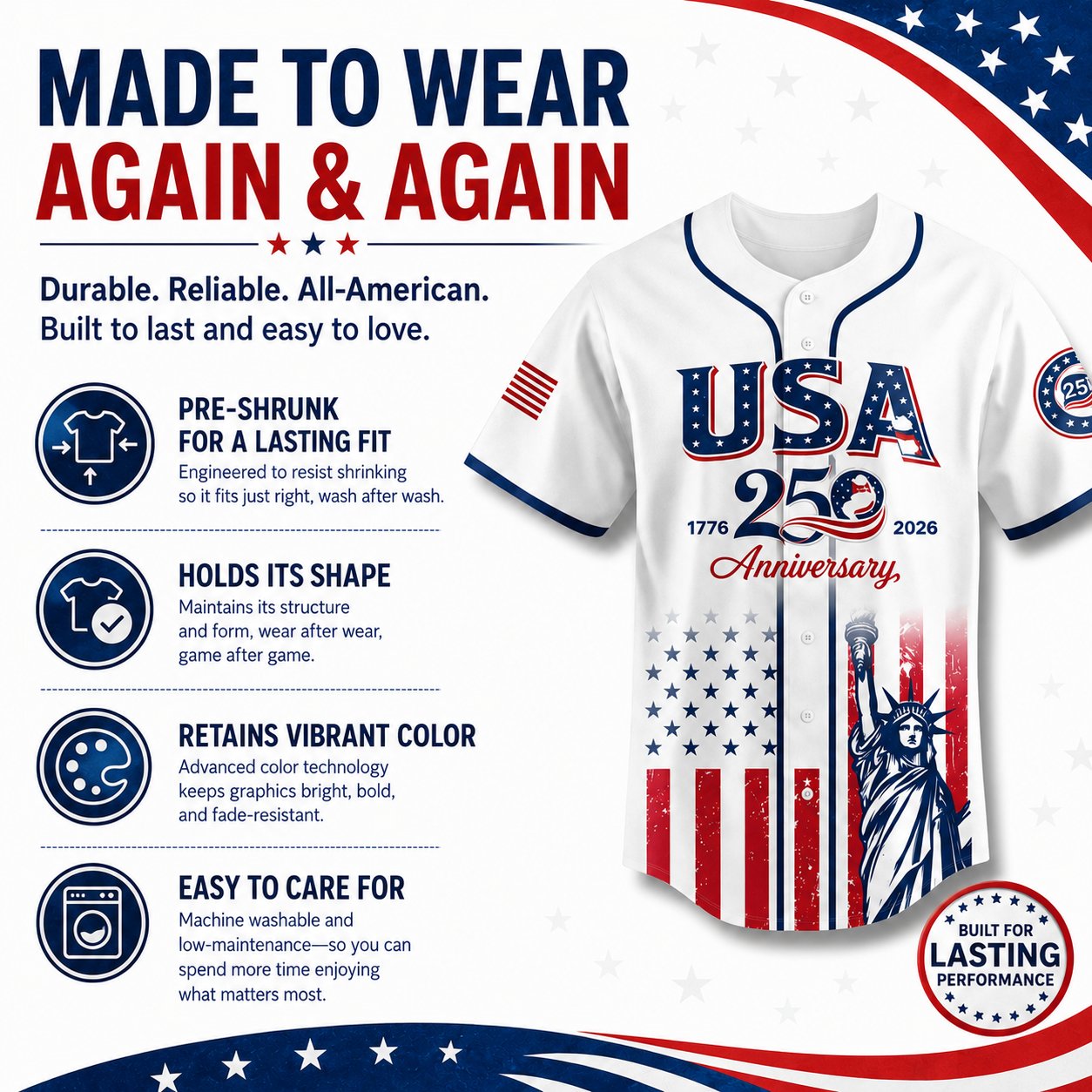 🗽 USA 250th Anniversary Baseball Jersey – Patriotic Statue of Liberty Print, 4th of July Outfit