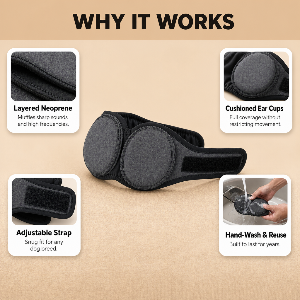 Ezvara™ Noise Cancelling Dog Ear Wrap – Calming Ear Cover for Fireworks & Thunderstorms