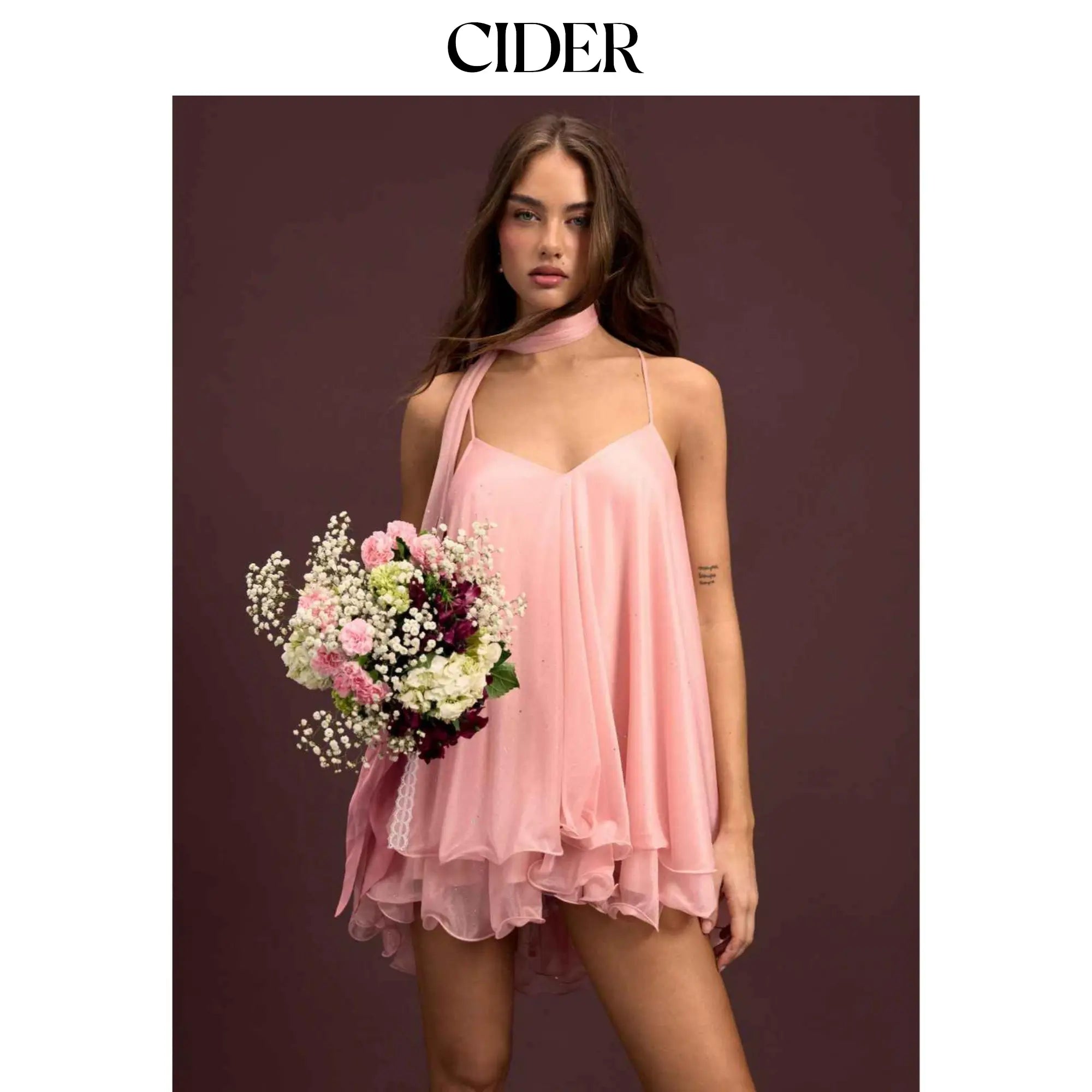 Cider V-Neck Halter Ruffled Tulle Glitter Mini Dress for Women